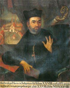 The 28th Abbot, Ambrosius Horn, with Iconoclasm in Isny Monastery in the Background